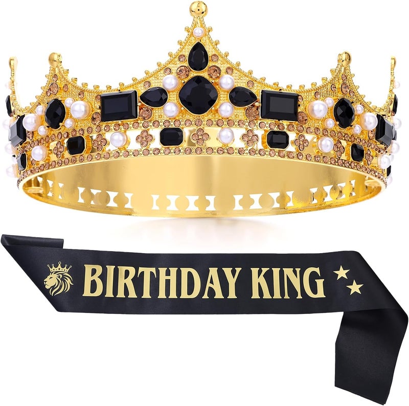 FORSEVEN King Crown for Men Crystal Pearl Wedding Tiaras Birthday Party Round Crowns Christmas Crowns - Image 1
